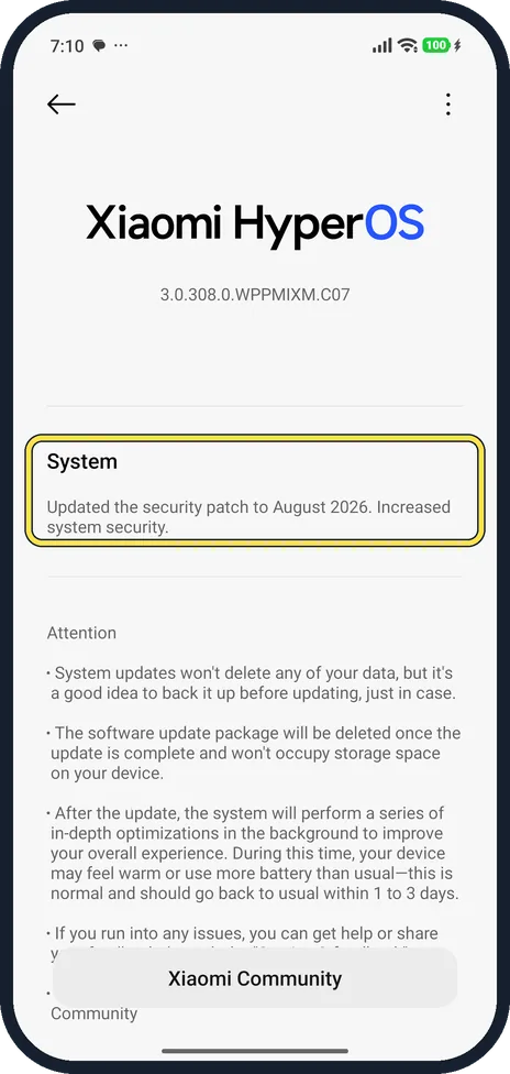 Android screenshot: Tap the HyperOS tile for the patch notes