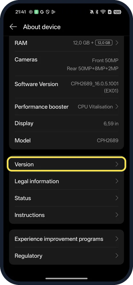 Android screenshot: Scroll down and tap Version