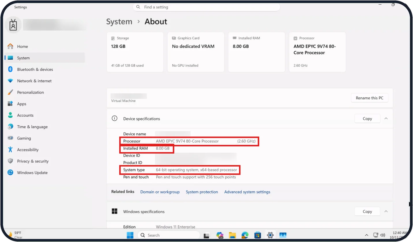 Windows screenshot: Read Device specifications