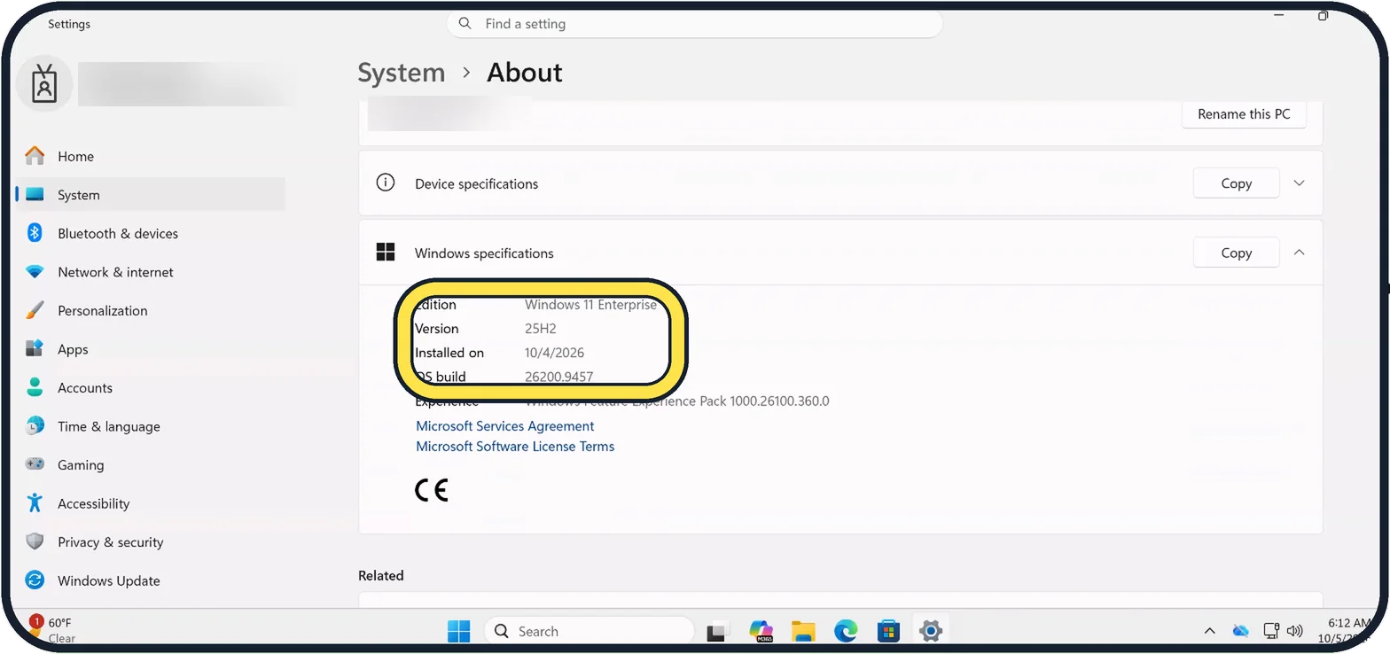 Windows screenshot: Read Windows specifications