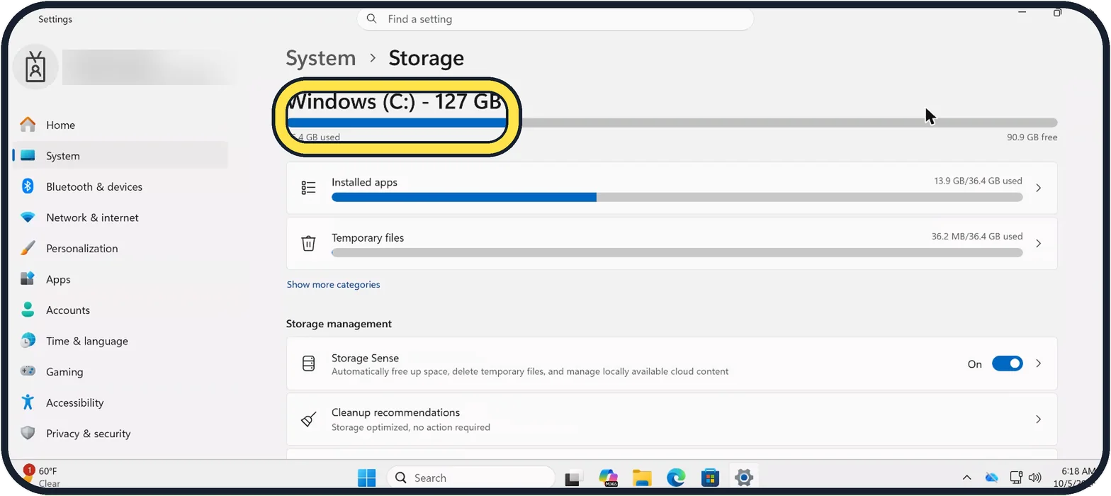 Windows screenshot: Check the storage
