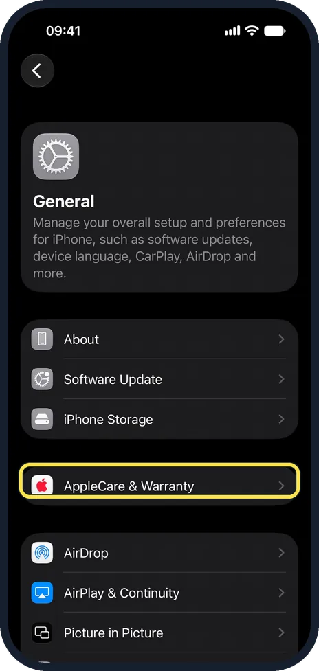 iPhone screen: Tap AppleCare & Warranty