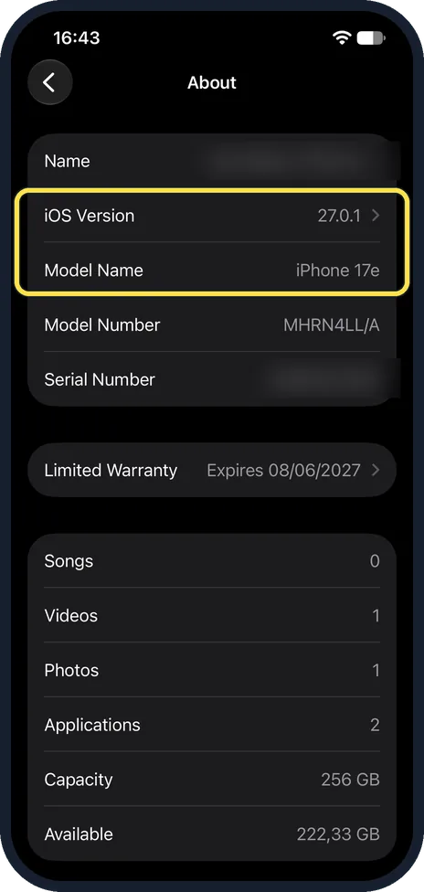 iPhone screen: Read the iOS version and model