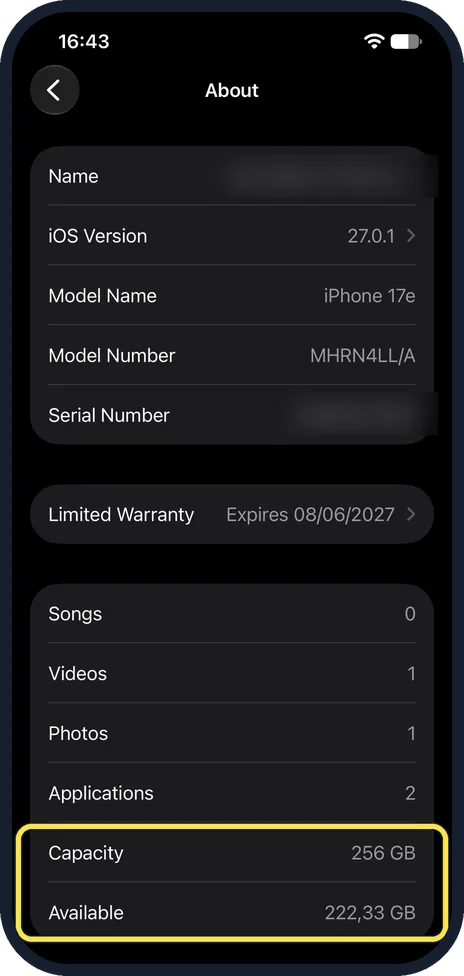 iPhone screen: Read Capacity and Available