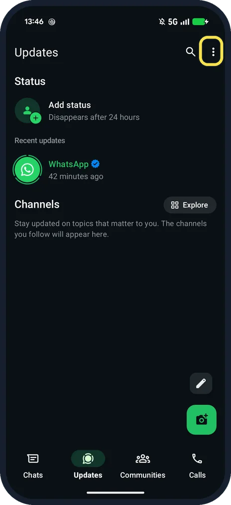 Screenshot from the guide: How to choose who sees your WhatsApp Status (Pixel 10a, v2.26)