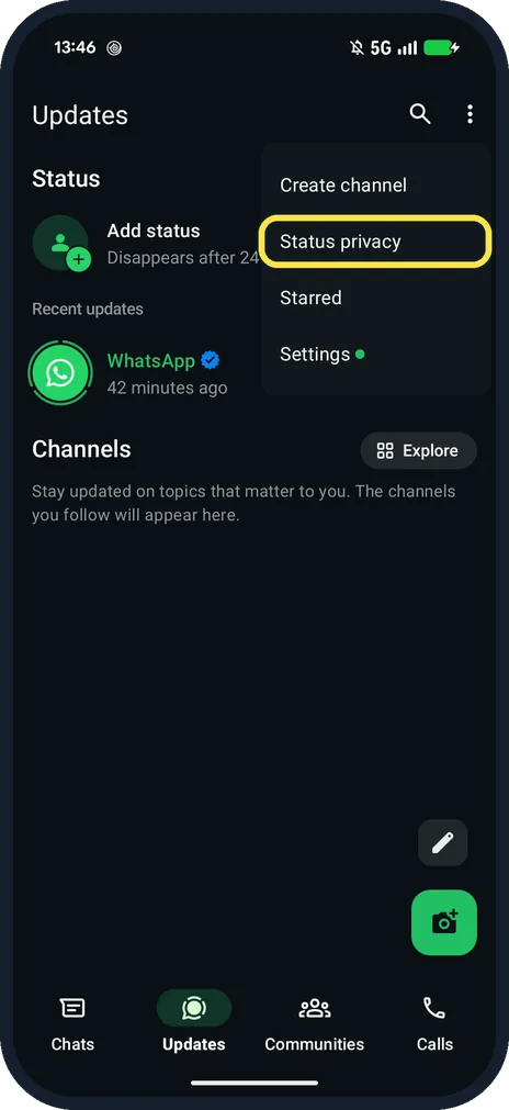 Android screenshot: Tap Status privacy