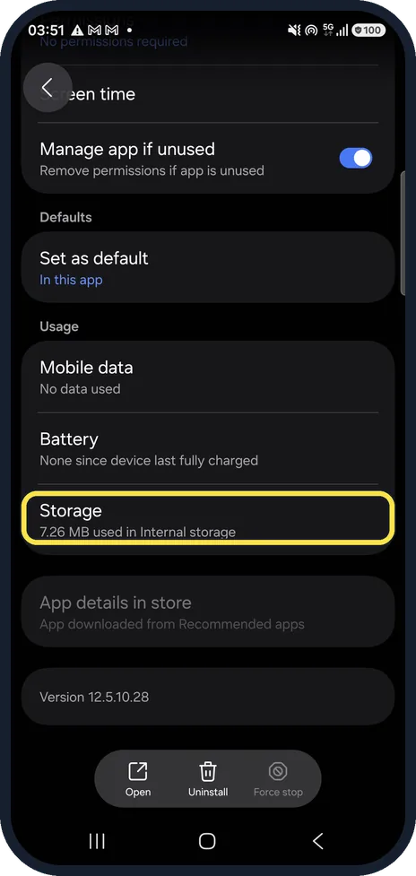 Android screenshot: Tap Storage