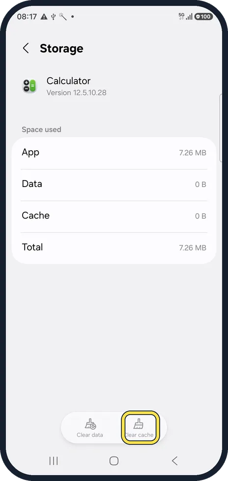 Android screenshot: Tap Clear cache