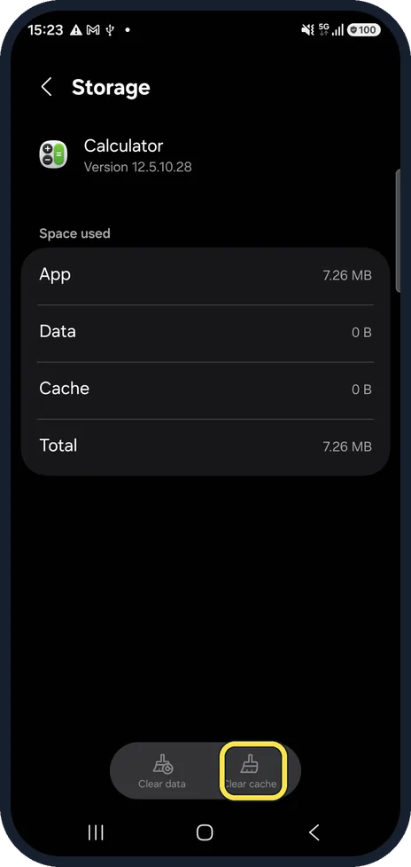 Android screenshot: Tap Clear cache