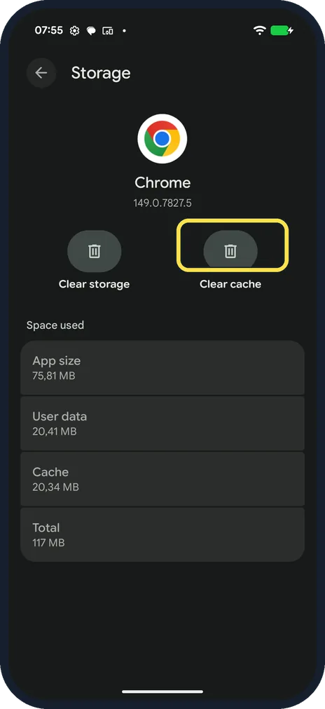 Android screenshot: Tap Clear cache