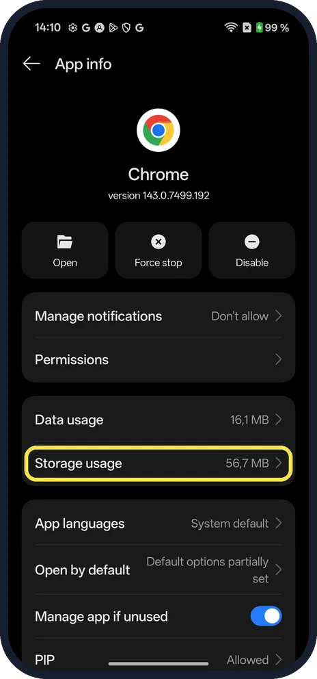 Android screenshot: Tap Storage usage