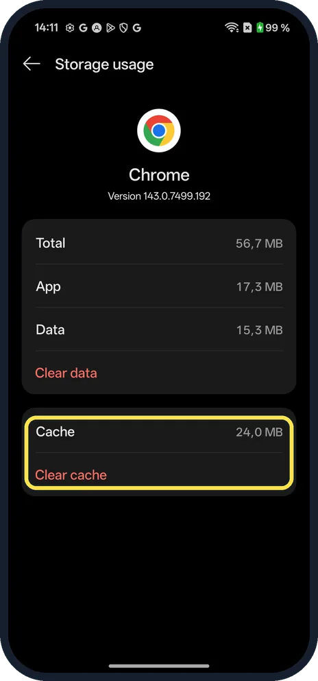 Android screenshot: Tap Clear cache