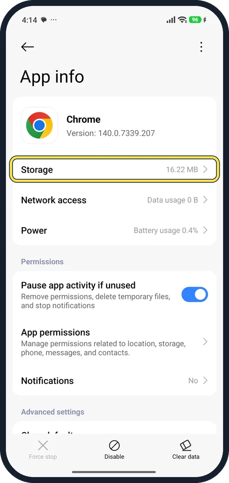 Android screenshot: Open App info and tap Storage