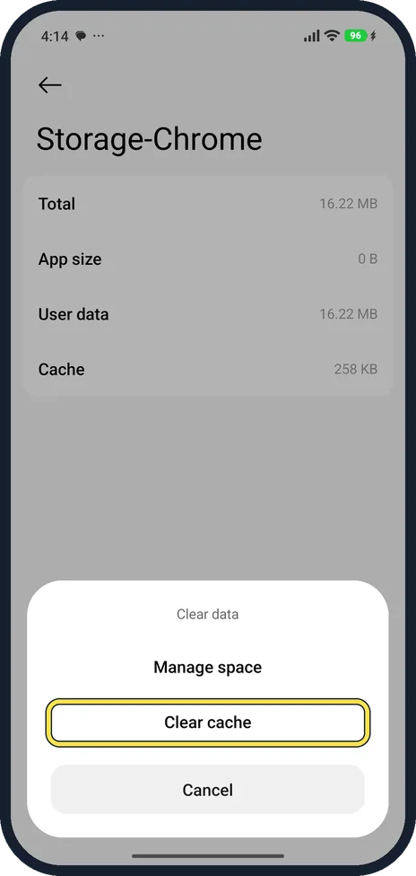 Android screenshot: Choose Clear cache