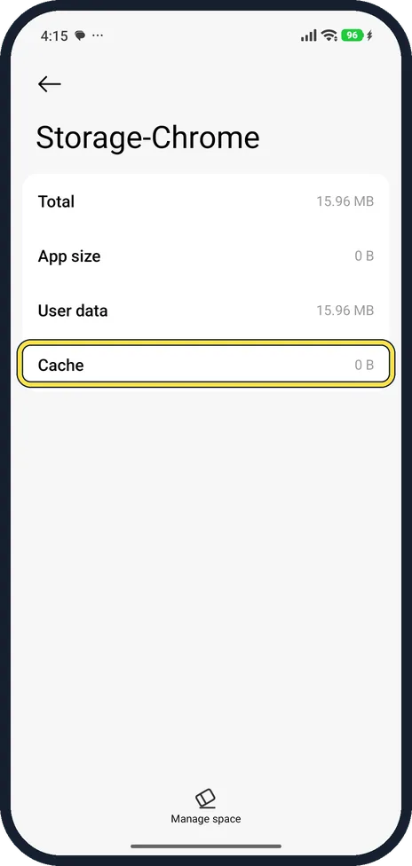 Android screenshot: Check Cache shows 0 B