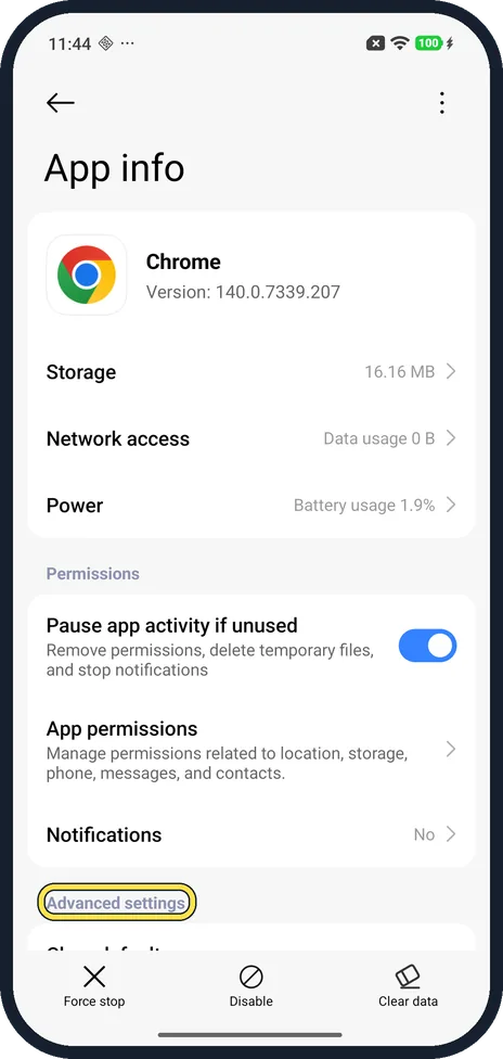 Android screenshot: Scroll to Advanced settings