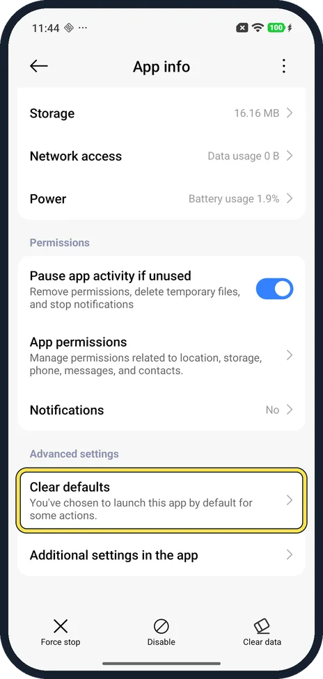 Android screenshot: Tap Clear defaults