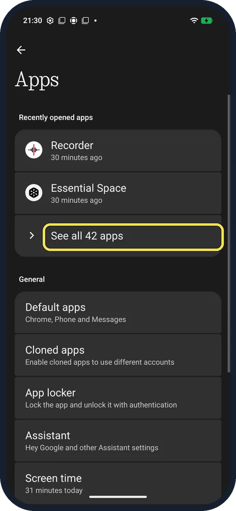 Android screenshot: Tap See all apps