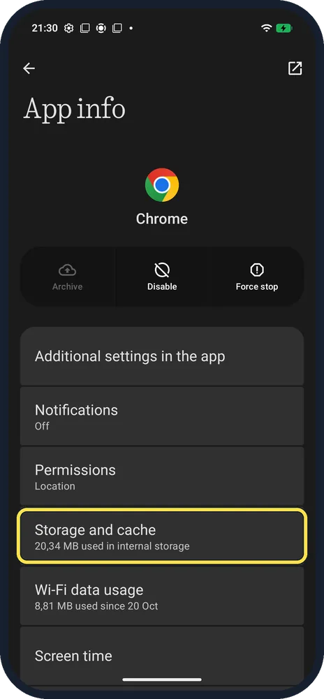 Android screenshot: Tap Storage and cache