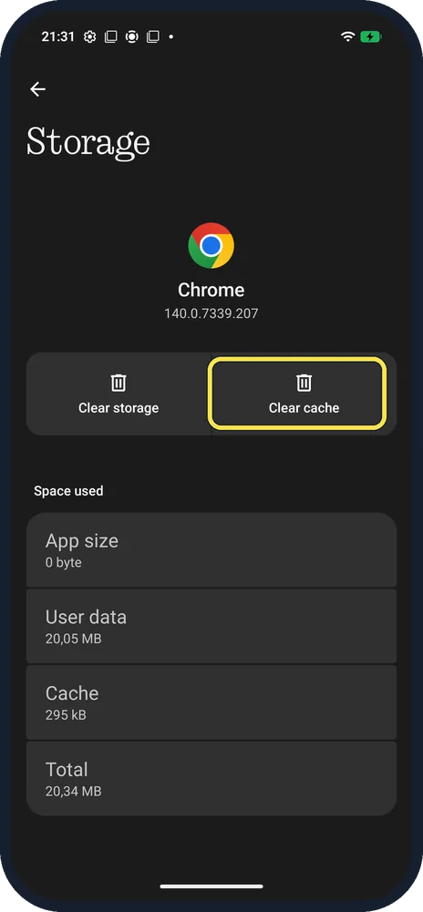 Android screenshot: Tap Clear cache