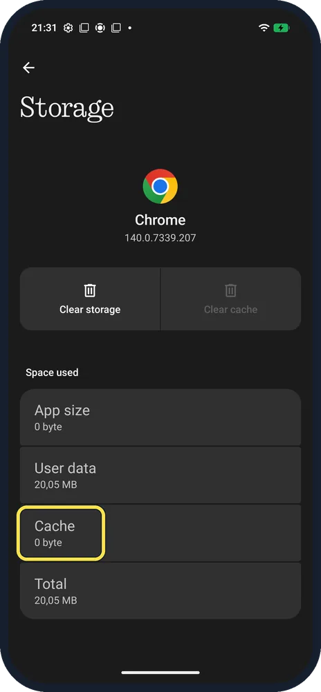 Android screenshot: Check the cache
