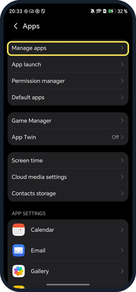 Android screenshot: Tap Manage apps
