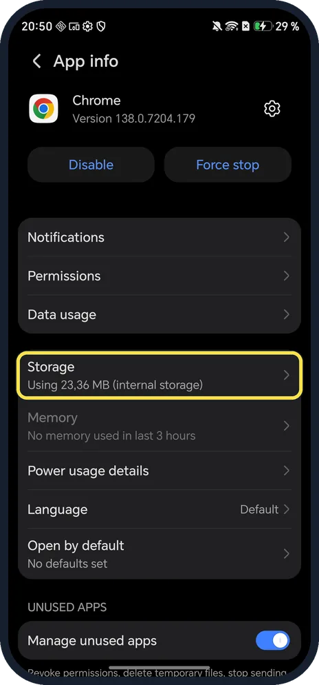Android screenshot: Tap Storage
