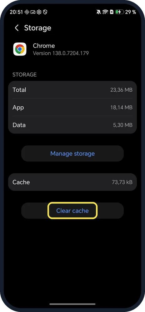 Android screenshot: Tap Clear cache