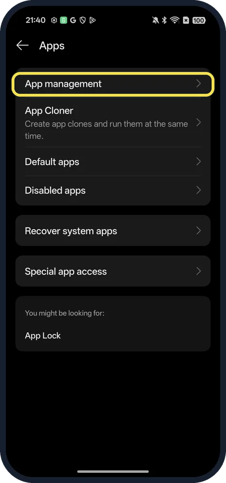 Android screenshot: Tap App management