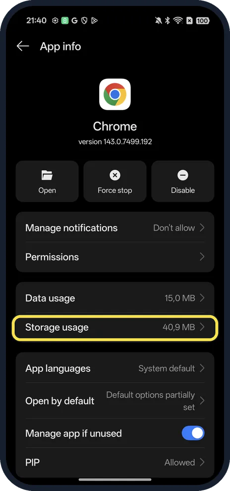Android screenshot: Tap Storage usage