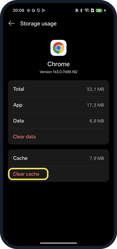 Android screenshot: Tap Clear cache