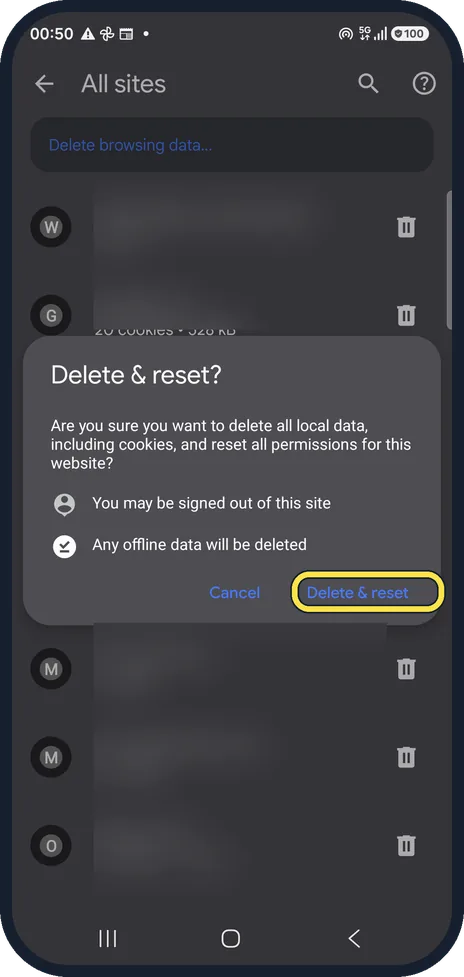 Android screenshot: Tap the bin, then Delete & reset