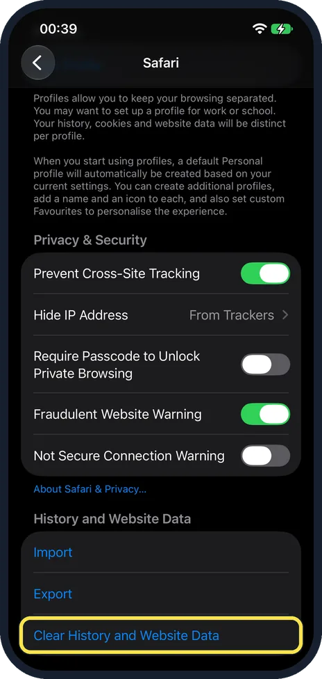 iPhone screen: Tap Clear History and Website Data
