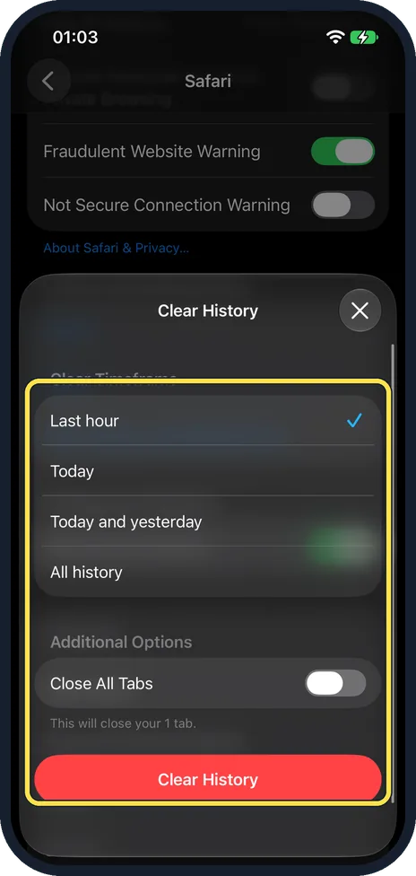 iPhone screen: Choose a time range and confirm