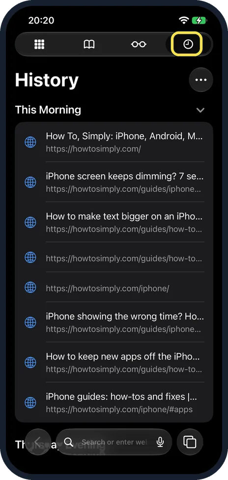 iPhone screen: Or from inside Safari: open History