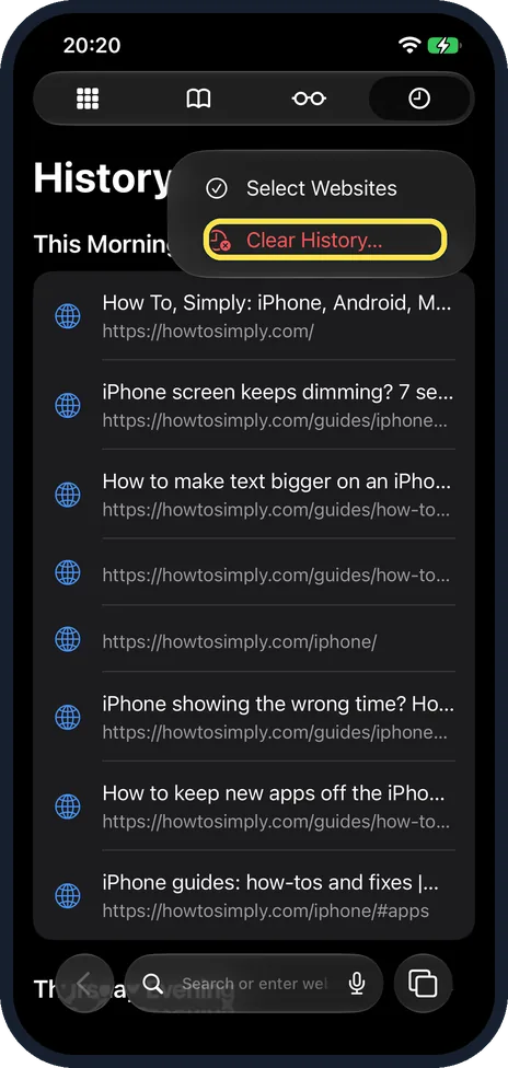 iPhone screen: Tap More, then Clear History