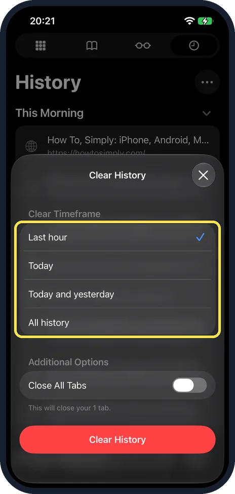 iPhone screen: Choose a time range and tap Clear History
