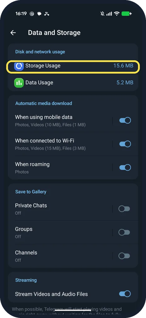 Android screenshot: Tap Storage Usage