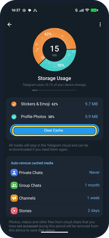 Android screenshot: Tap Clear Cache