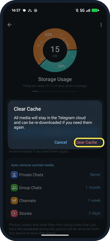 Android screenshot: Confirm with Clear Cache