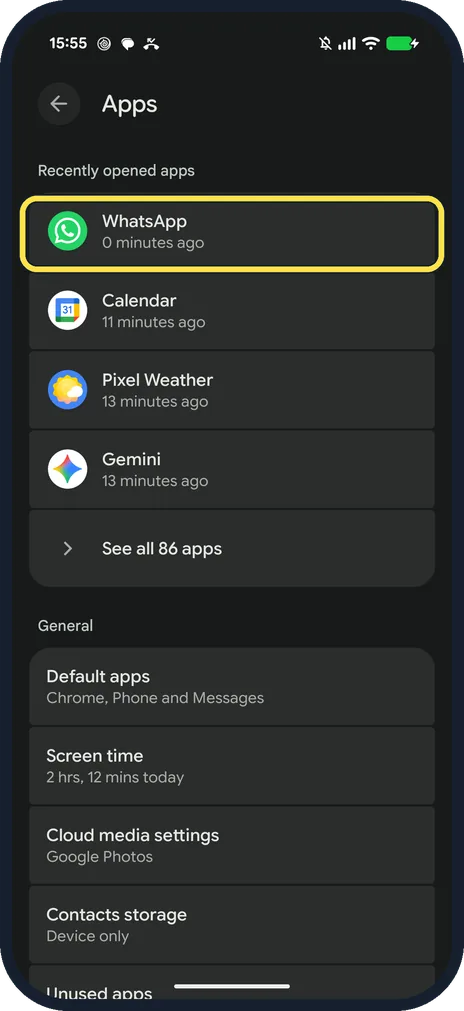 Android screenshot: Open the Pixel's Settings, then Apps, then WhatsApp