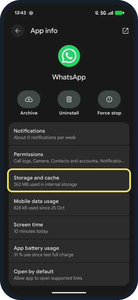 Android screenshot: Tap Storage and cache