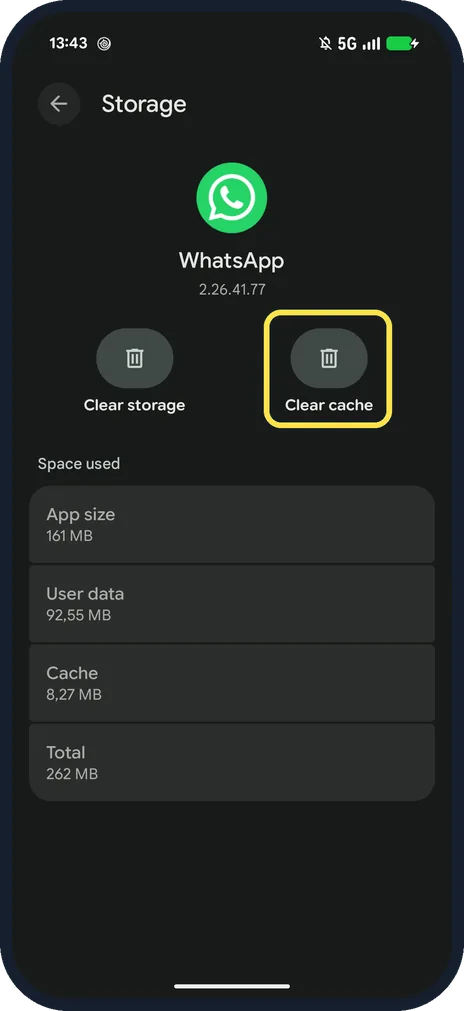 Android screenshot: Tap Clear cache