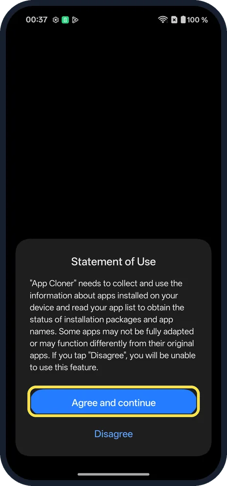 Android screenshot: Agree to the Statement of Use