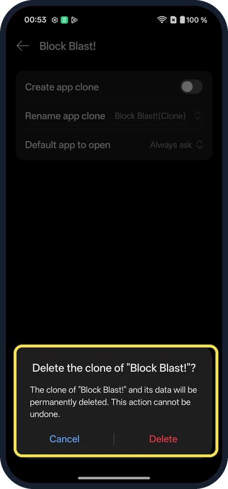 Android screenshot: Delete the clone