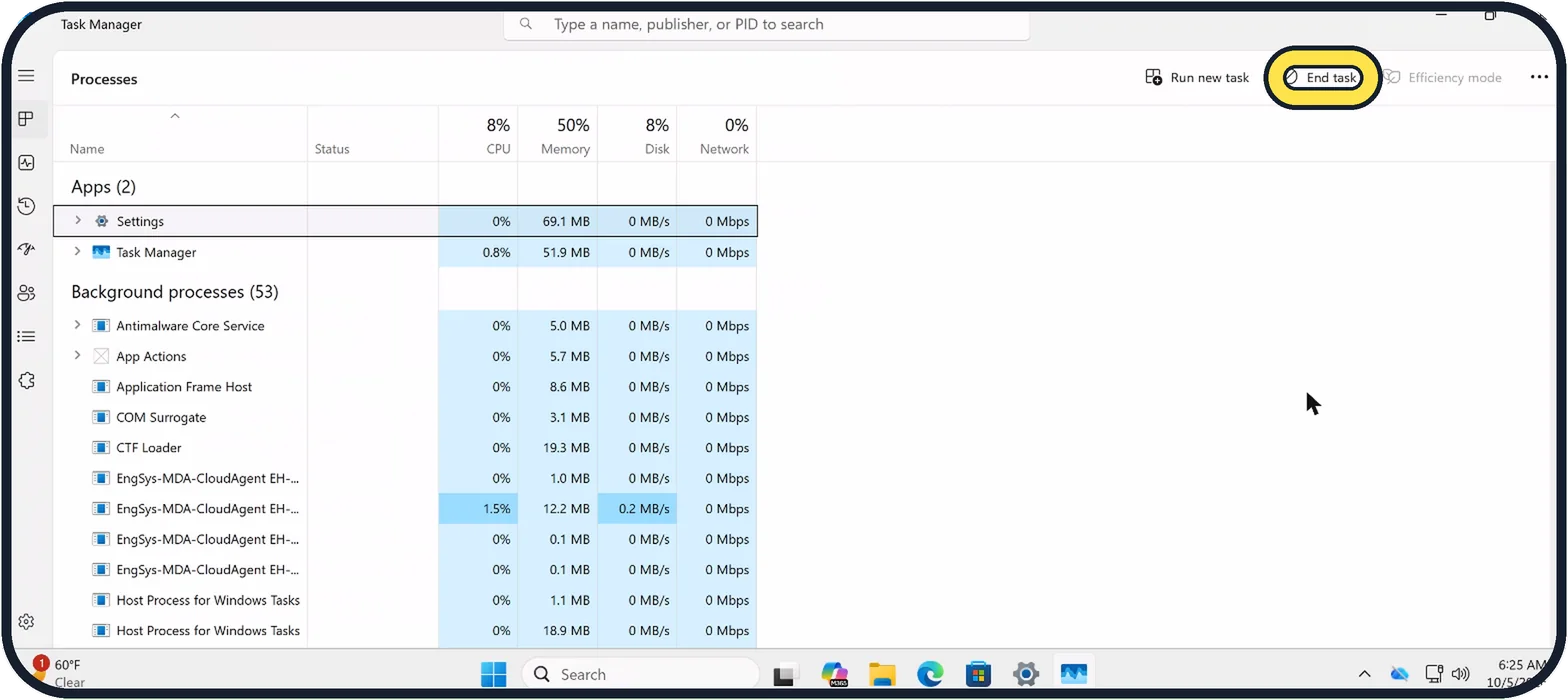 Windows screenshot: Click End task