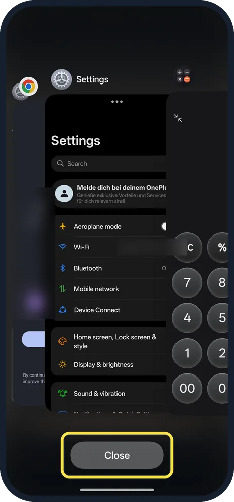 Android screenshot: Tap Close