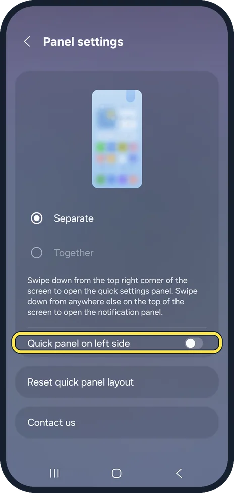 Android screenshot: Leave the quick panel on the right, or move it