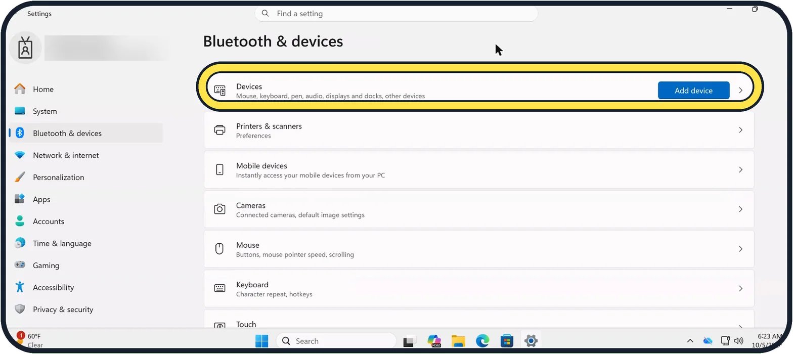 Windows screenshot: Click Add device