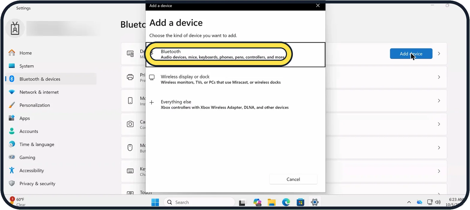 Windows screenshot: Choose Bluetooth